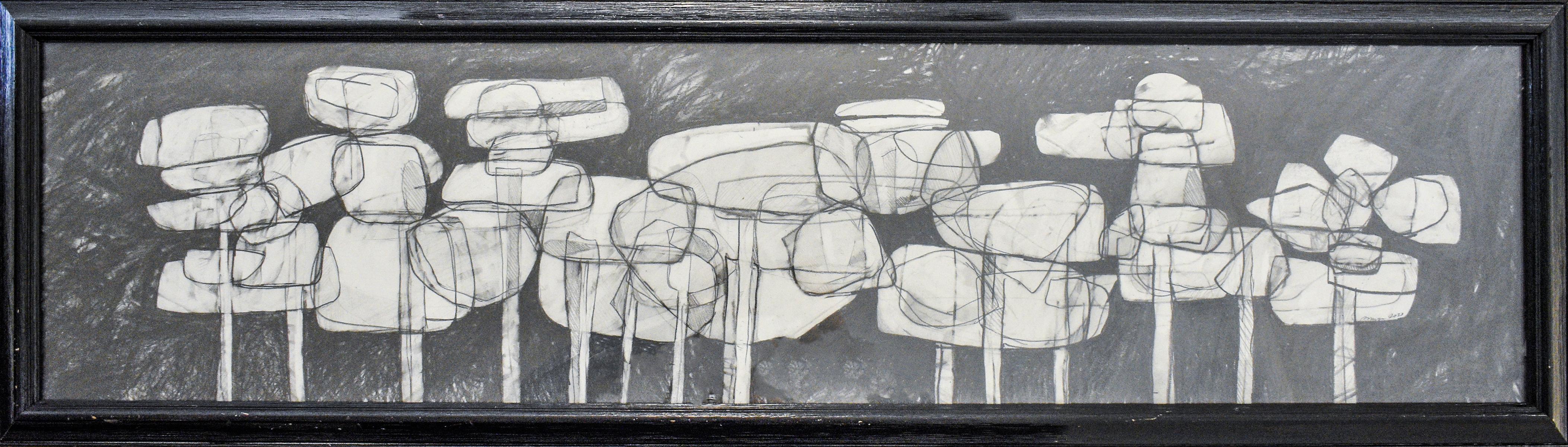David Dew Bruner Abstract Drawing - Waterlilies 24 (Abstract Figurative Graphite Drawing in Antique Black Frame)