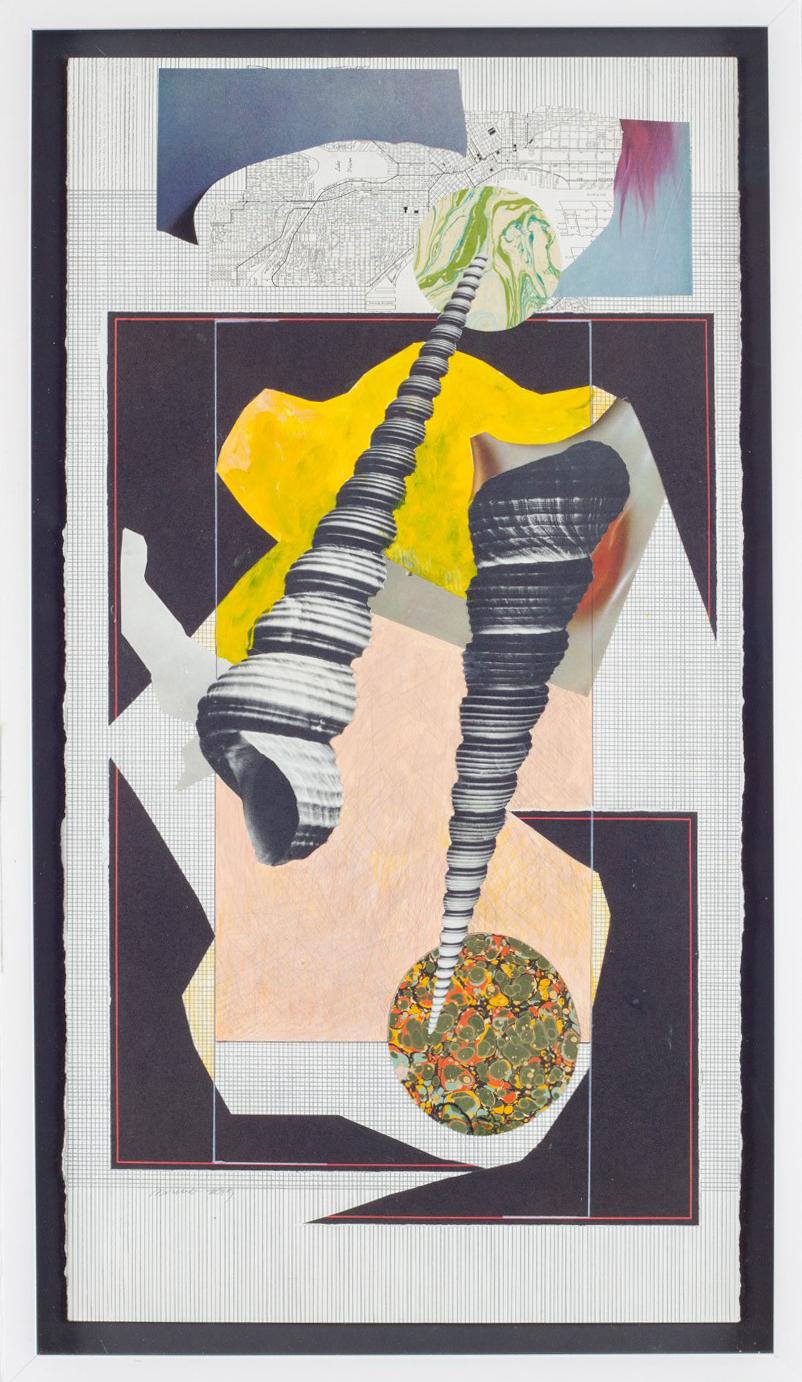 David Dew Bruner Abstract Drawing – Shell 1 (Abstrakte schwarz-weiße Mischtechnik-Gittercollage mit grafischer Muschel)