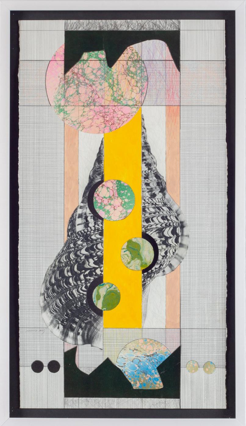 David Dew Bruner Abstract Drawing - Shell 2 (Surreal, Abstract Black and White Shell Collage with Yellow & Pink)