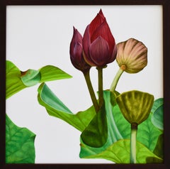 Lotus No. 32 (Photorealist Still Life Painting of Green Leaves & Magenta Flower)