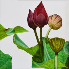 Lotus No. 32 (Photorealist Still Life Painting of Green Leaves & Magenta Flower)