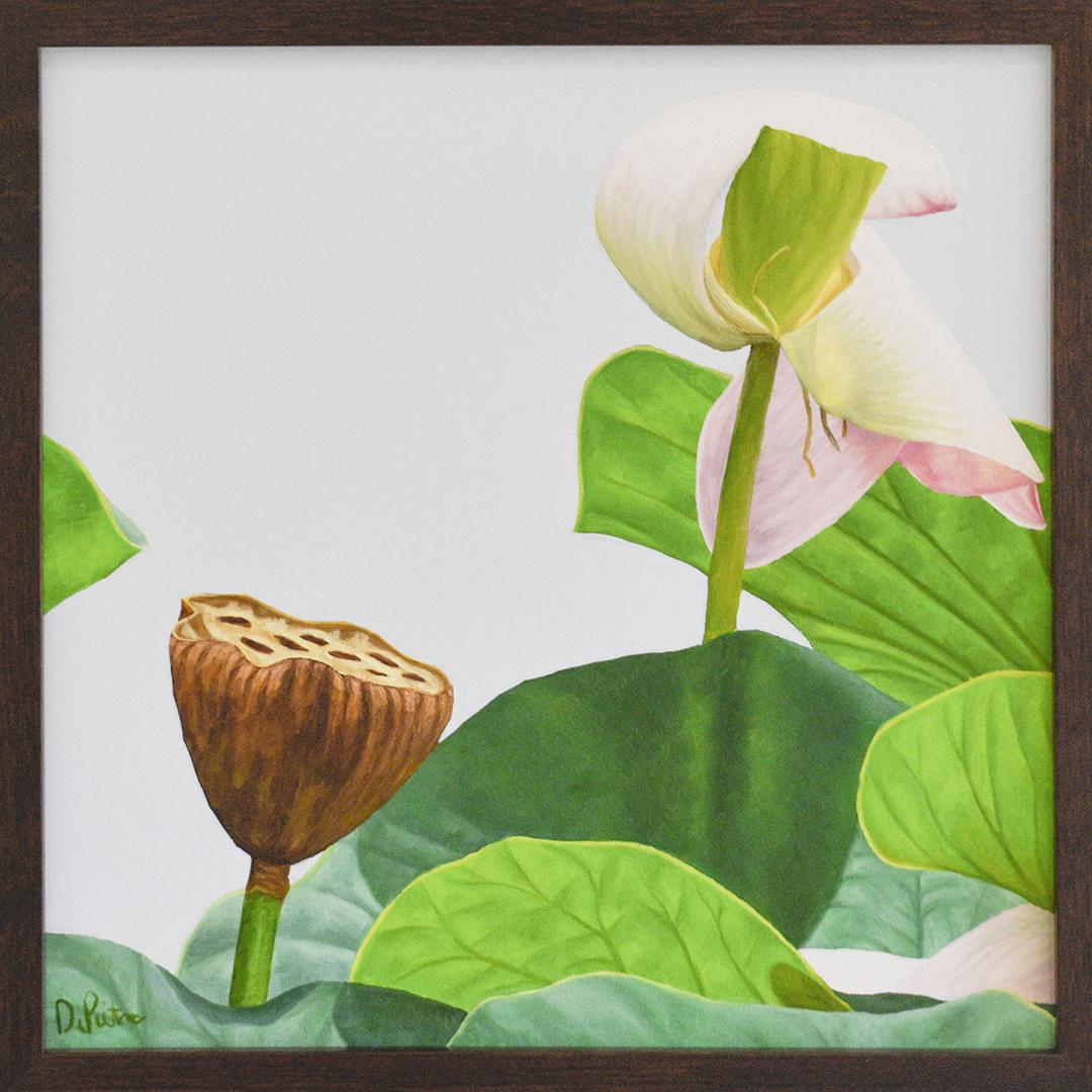 Lotus No. 34 (Photo-Realist Still Life Painting of Pink & Green Lotus Flowers)