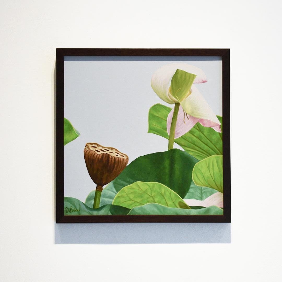 Lotus Nr. 34 (fotorealistisches Stillleben mit rosa und grünen Lotusblumen) – Painting von Frank DePietro