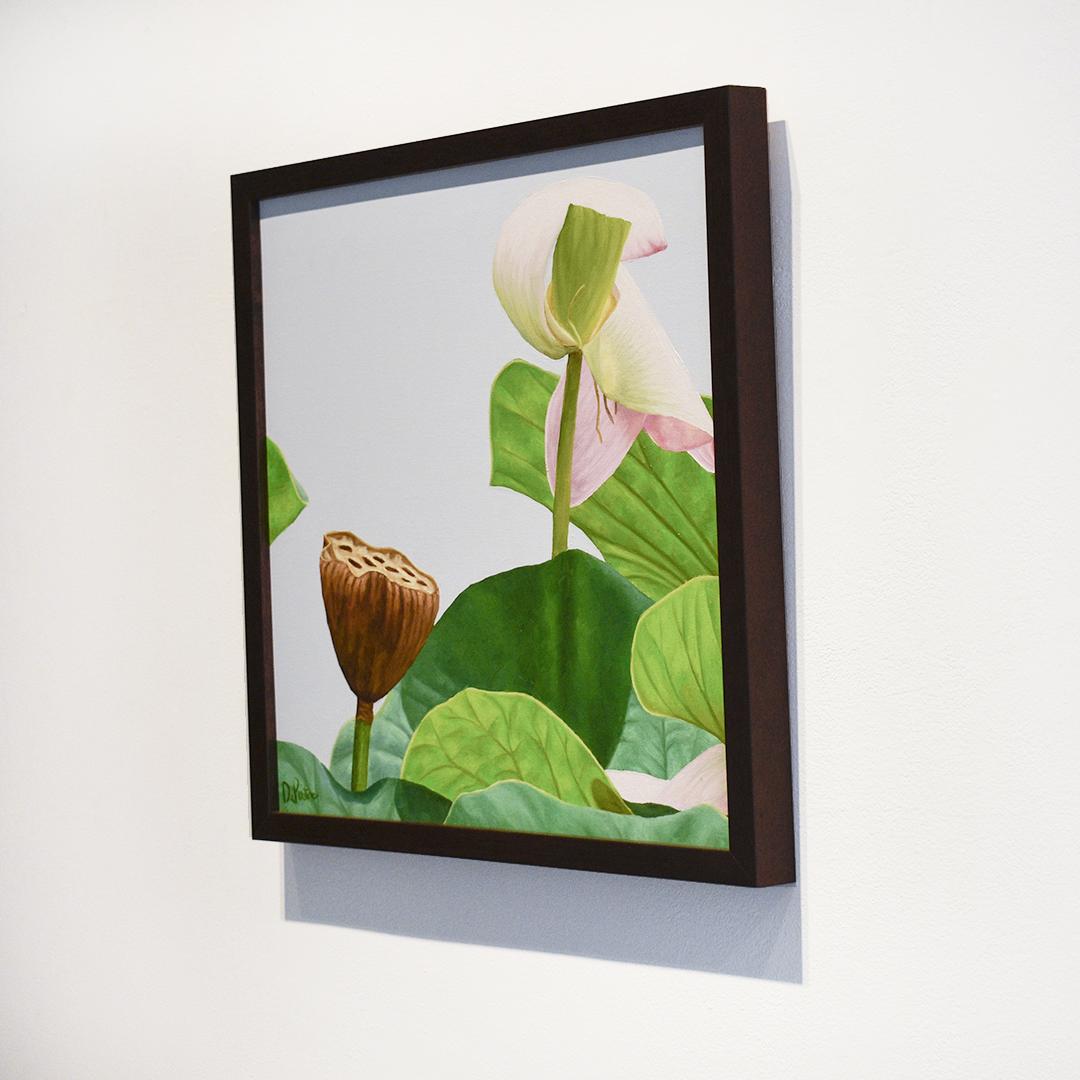 Lotus Nr. 34 (fotorealistisches Stillleben mit rosa und grünen Lotusblumen) (Fotorealismus), Painting, von Frank DePietro