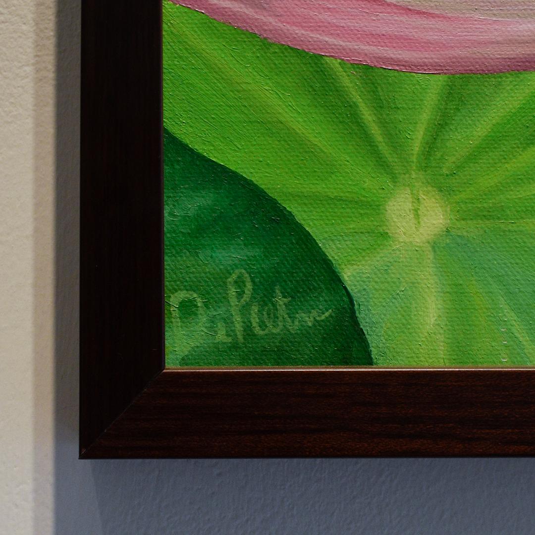 Lotus 33: Photorealist Still Life Painting of Pink & Green Lotus Flower on Blue - Beige Still-Life Painting by Frank DePietro
