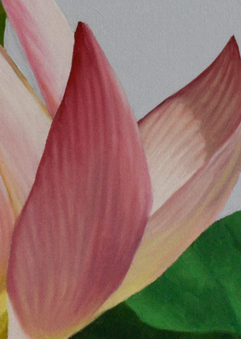 Photorealist still life painting of a pink lotus flower with green leaves on a light blue background
oil on canvas, 16 x 16 inches, 17 x 17 inches in a dark wood moulding
Signed lower left

Painted with the exactness of a still life photograph, this
