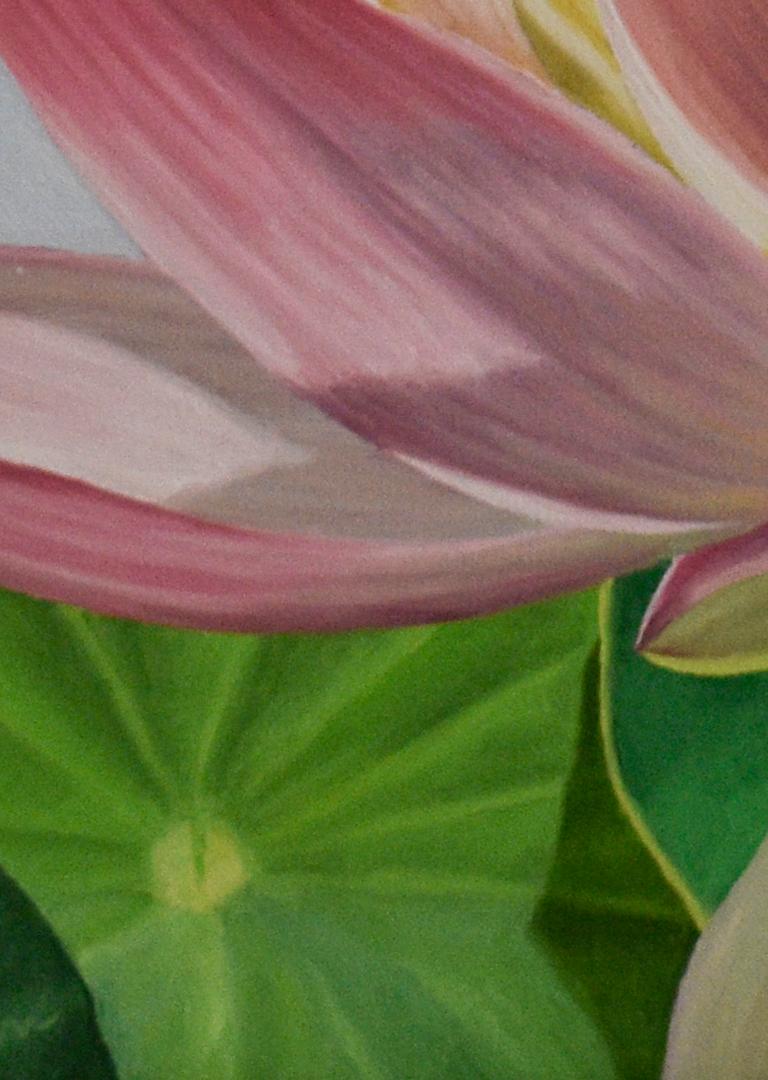Lotus 33: Photorealist Still Life Painting of Pink & Green Lotus Flower on Blue 1