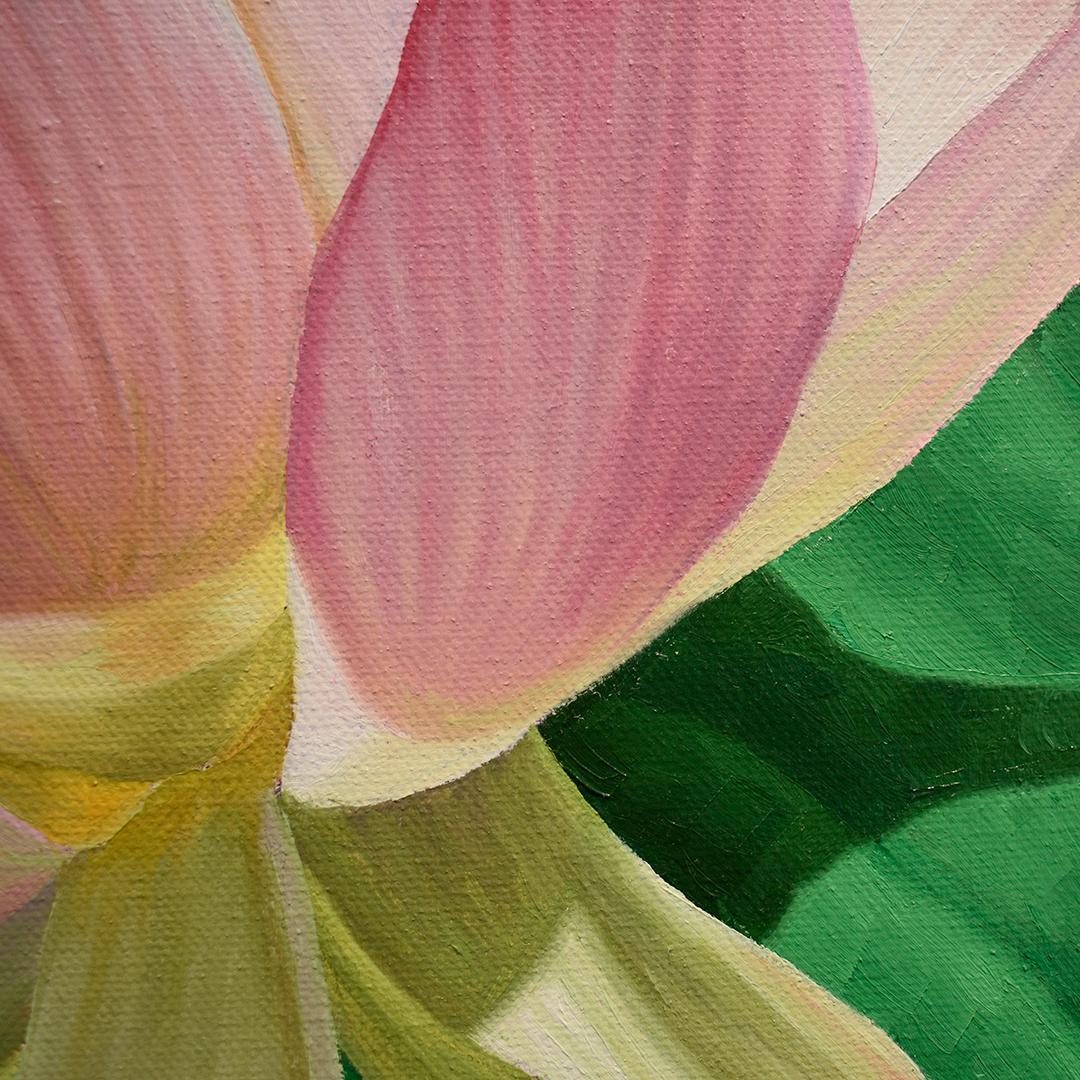 Lotus 33: Photorealist Still Life Painting of Pink & Green Lotus Flower on Blue 3