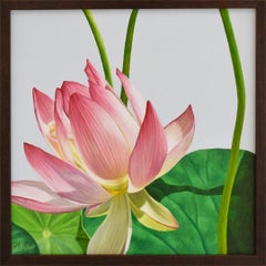 Lotus 33: Photorealist Still Life Painting of Pink & Green Lotus Flower on Blue