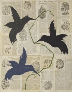 Penny Bird (Figurative Chalk Drawing of Birds and Flora on Vintage Book Pages)