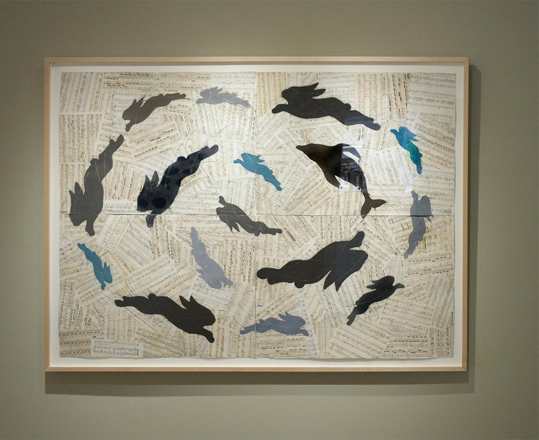 Contrapuntal Singing (Figurative Animal Chalk Drawing with Collaged Music Pages) - Art by Louise Laplante