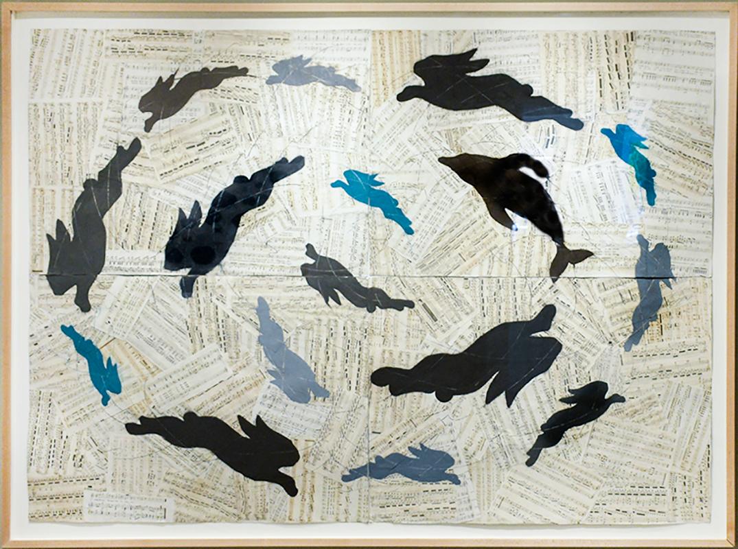 Louise Laplante Animal Art - Contrapuntal Singing (Figurative Animal Chalk Drawing with Collaged Music Pages)