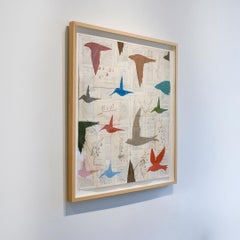 Figurative dessin d'oiseaux colorés sur papier ancien canneberge Bright Birds