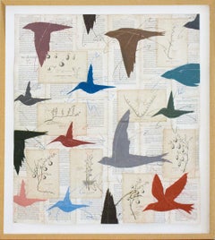 Figurative dessin d'oiseaux colorés sur papier ancien canneberge Bright Birds