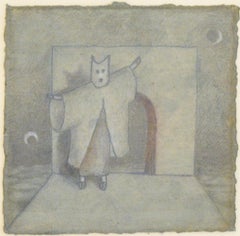 Der Fled Maus (Figurative Drawing of Costumed Man with Moon on Teal Paper)
