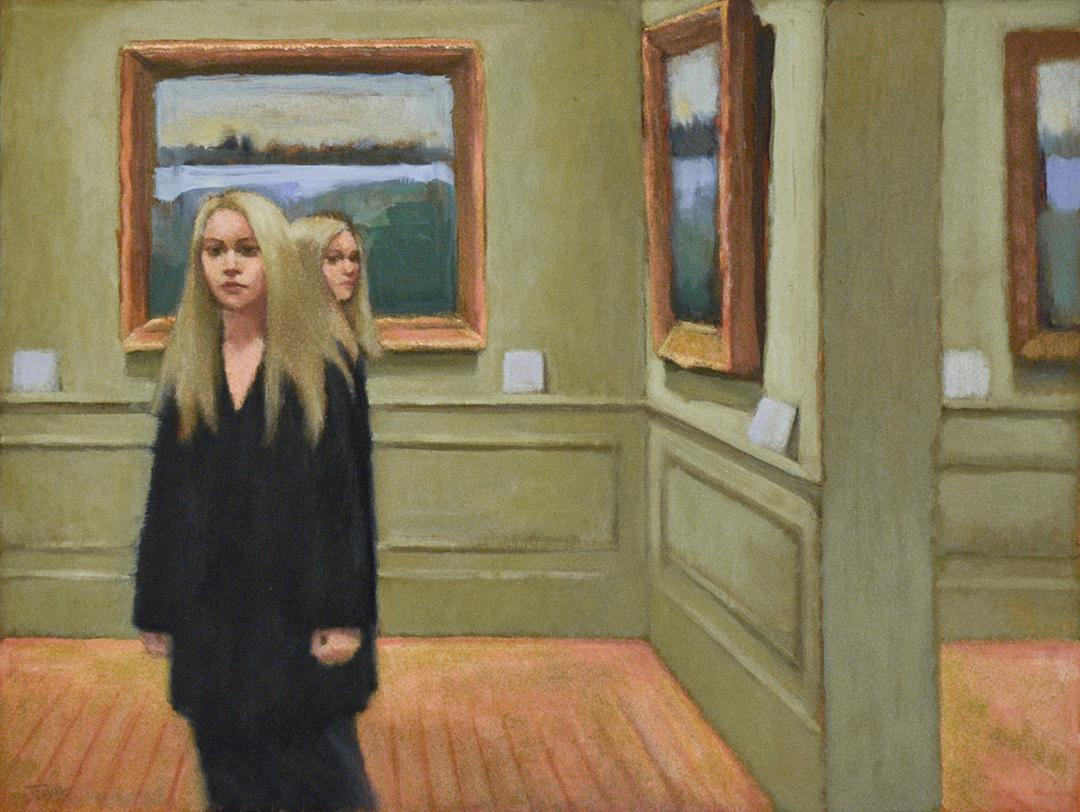 Judith Wyer Interior Painting - Doubletake (Figurative Painting of Blonde Women with Green Walls at Met Museum)