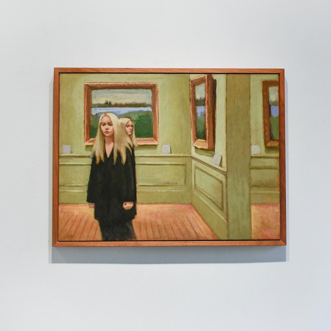 Doubletake (Figurative Painting of Blonde Women with Green Walls at Met Museum) - Brown Interior Painting by Judith Wyer