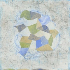 Little Blue (Abstrakte geometrische Mixed Media-Enkaustikarbeit auf Holzplatte)