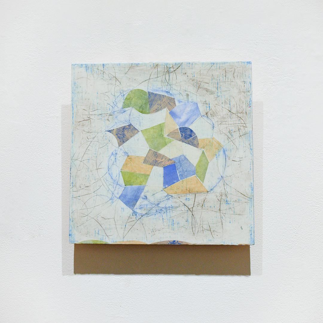 Little Blue (Abstract Geometric Mixed Media Encaustic Work on Wooden Panel) - Painting by Donise English