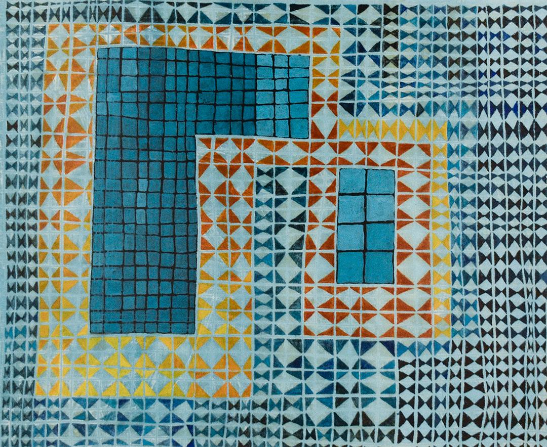 Busy Blue (Abstract Checkered Pattern Gouache and Collage on Paper)