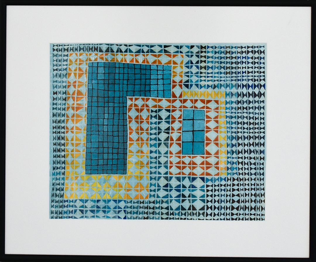 Busy Blue (motif à carreaux abstraits, gouache et collage sur papier) - Art de Donise English