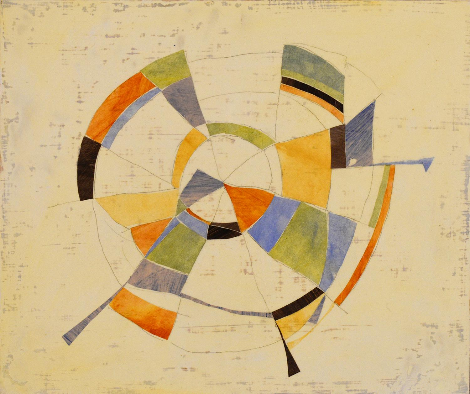 Donise English Abstract Painting - Piechart Frisbee (Abstract Geometric Mixed Media Encaustic Work on Wooden Panel)