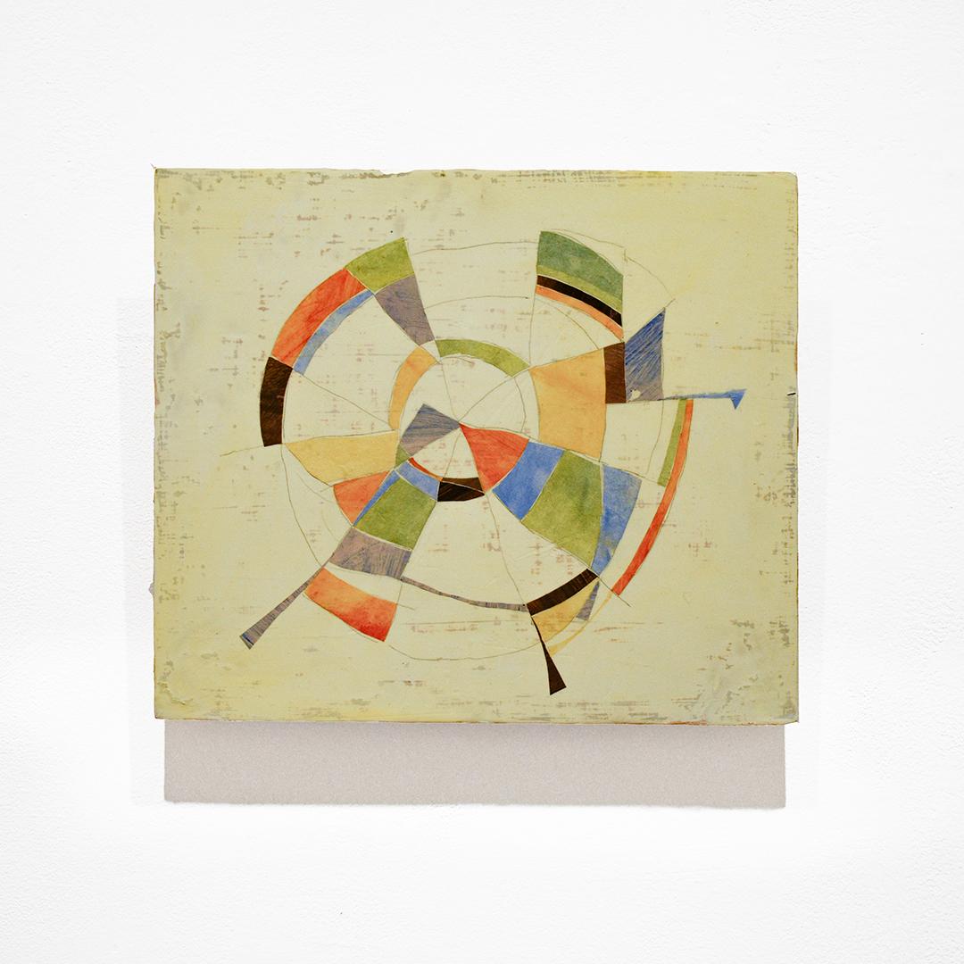Piechart Frisbee (Abstract Geometric Mixed Media Encaustic Work on Wooden Panel) - Painting by Donise English