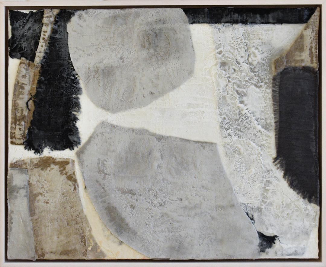 Alaina Enslen Abstract Painting - Inhale (Abstract Encaustic Painting with Grey, White, Dark Blue, & Beige Fabric)