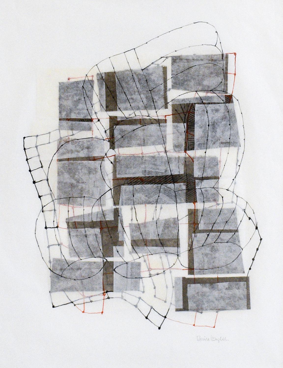 Layered Plan #6 (Abstract Geometric Black & White Mixed Media Collage on Paper) - Painting by Donise English