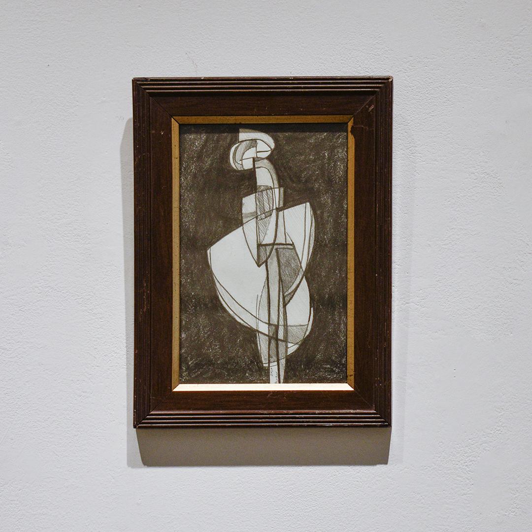 Infanta LVX: Abstract Cubist Style Figurative Graphite Drawing, Vintage Frame - Black Figurative Art by David Dew Bruner