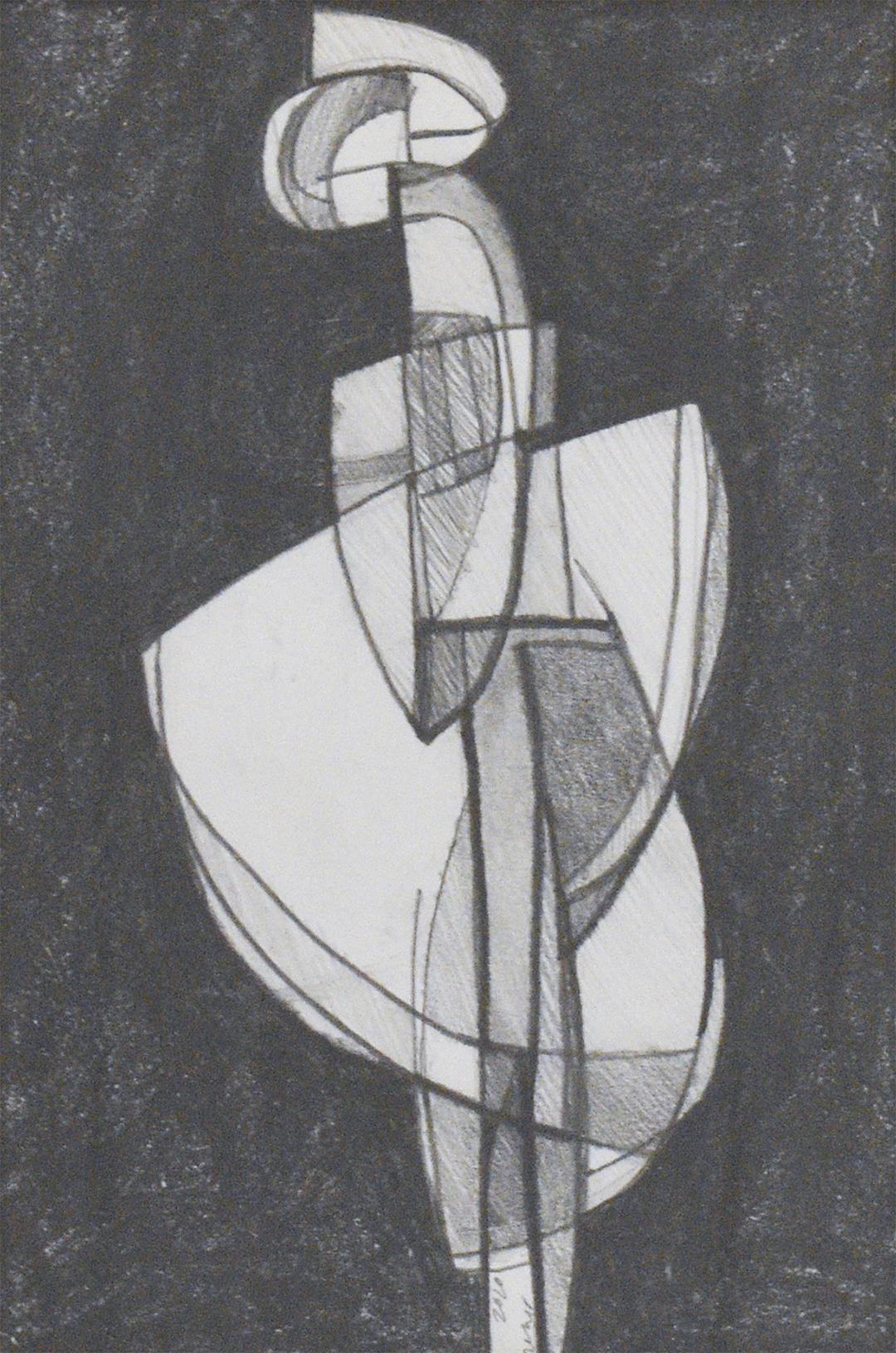 Infanta LVX: Abstract Cubist Style Figurative Graphite Drawing, Vintage Frame - Art by David Dew Bruner