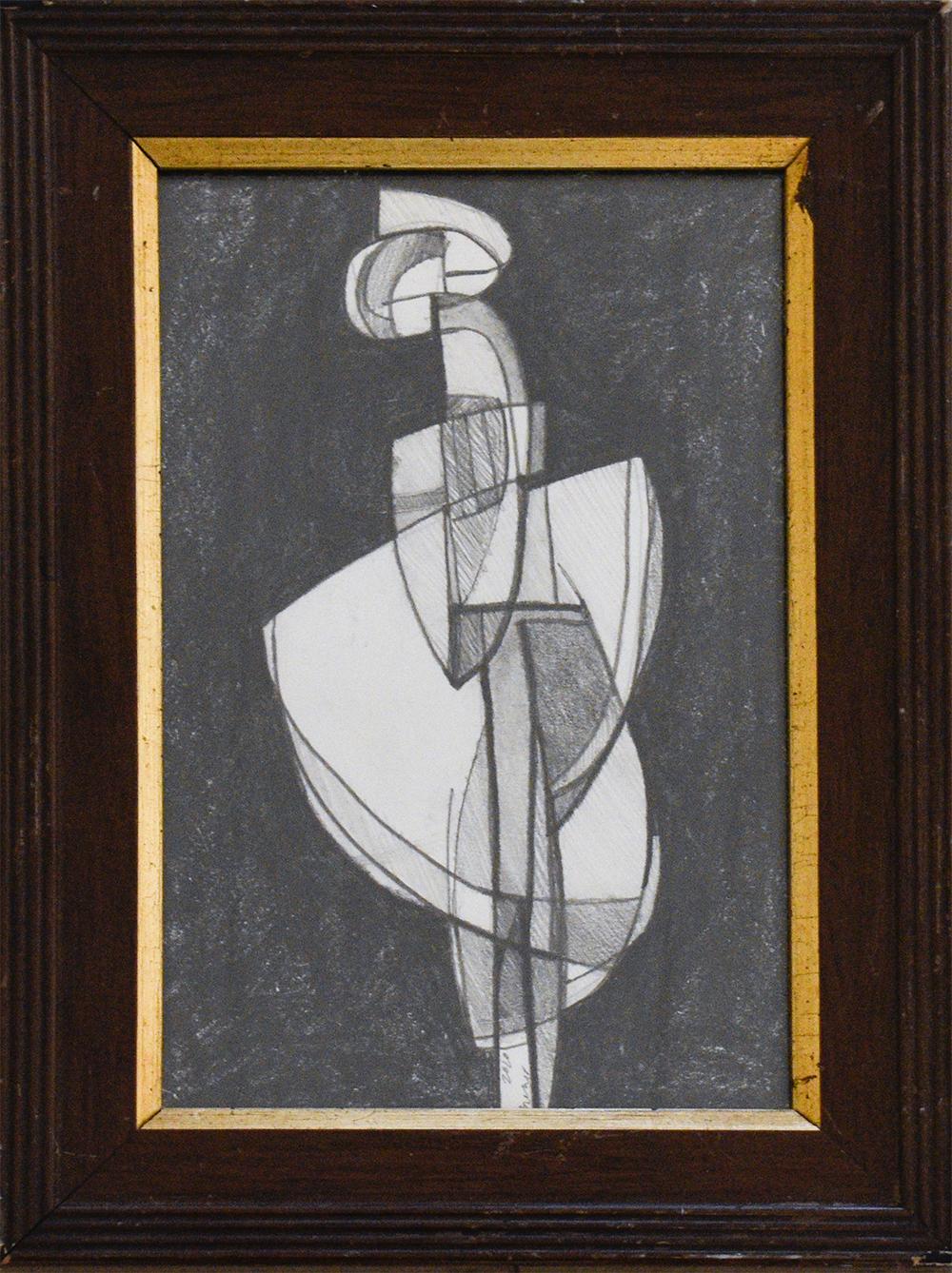 David Dew Bruner Figurative Art - Infanta LVX: Abstract Cubist Style Figurative Graphite Drawing, Vintage Frame