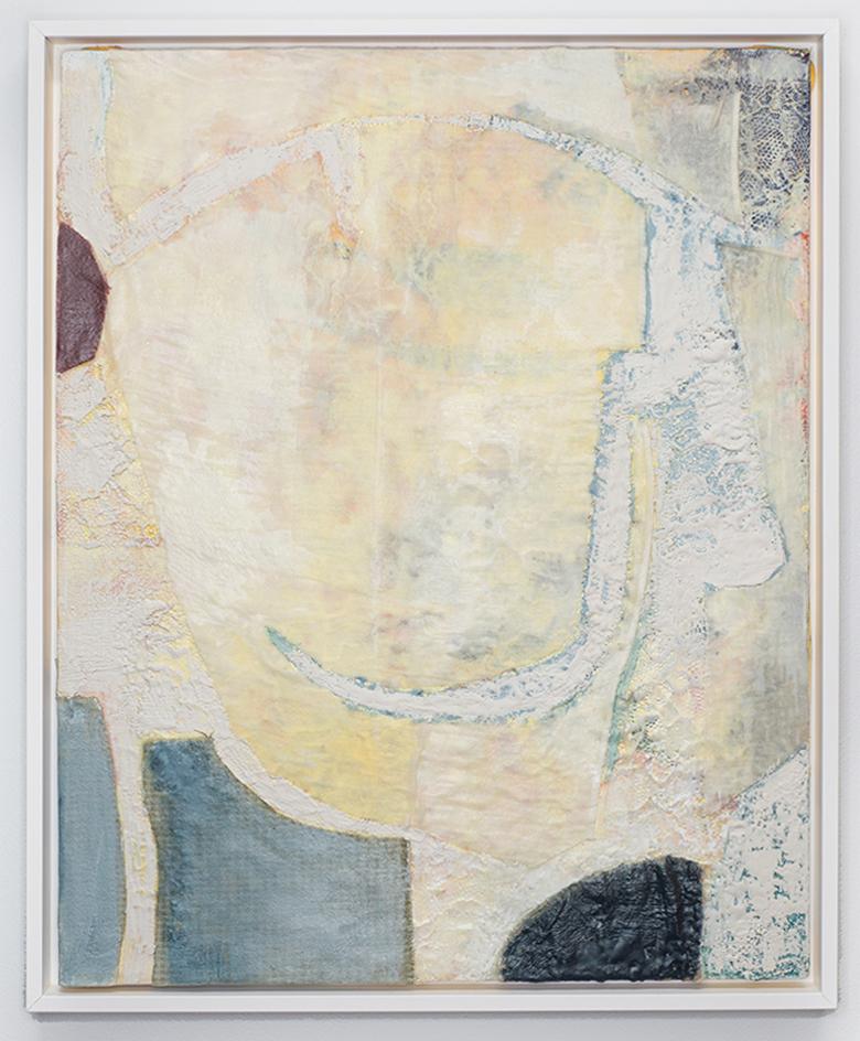 Alaina Enslen Abstract Painting - From the Outside (Abstract Encaustic Painting with White, Blue, & Beige Fabric)