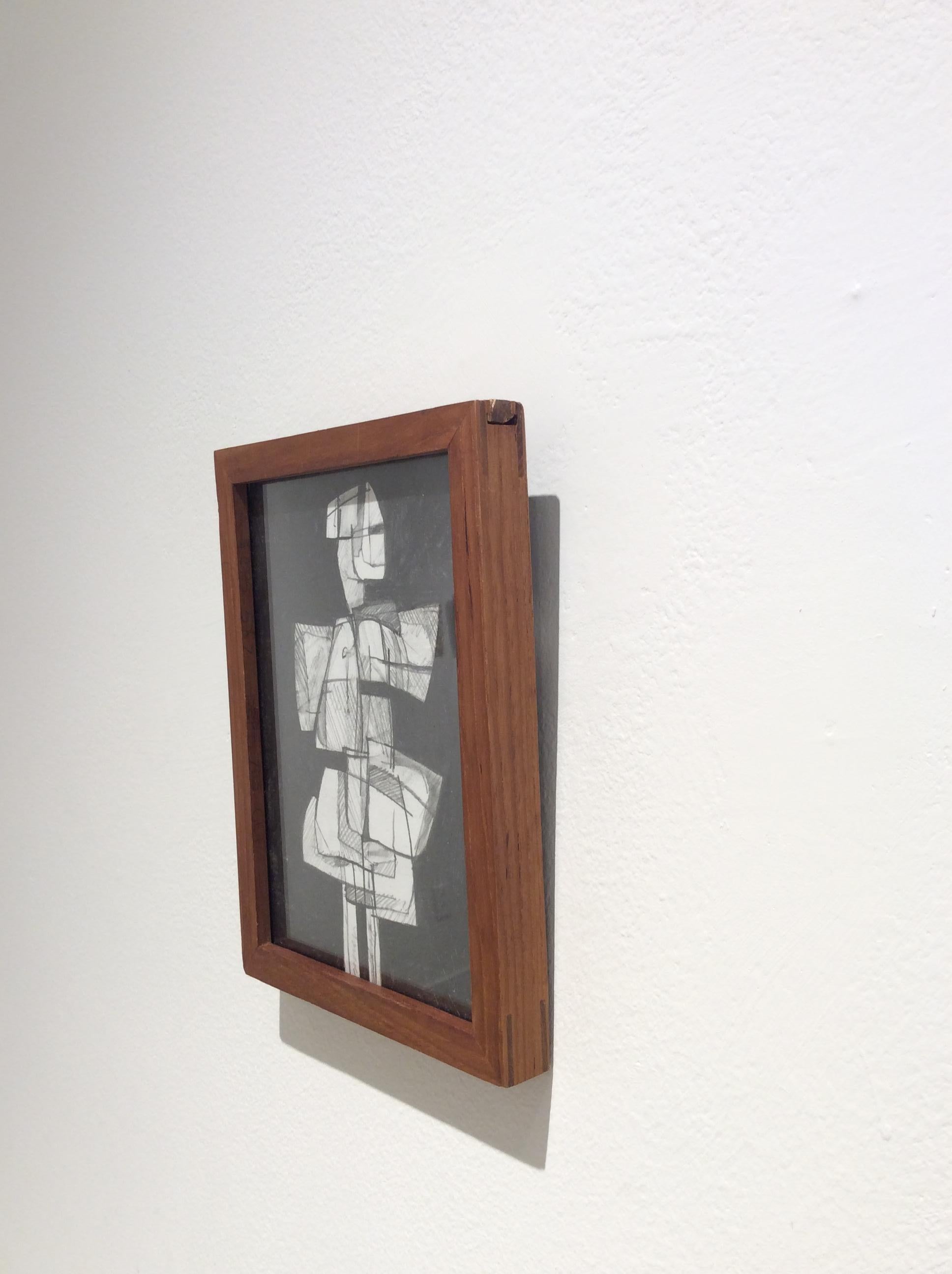 Figurative abstract cubist style drawing of a standing figure in a vintage brown wooden frame
“Infanta XLIX” by Hudson Valley artist, David Dew Bruner, made in 2018
Graphite on paper in an antique black frame
approximately 8 x 6 inches
Ready to hang