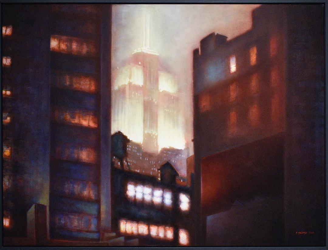 buildings at night painting