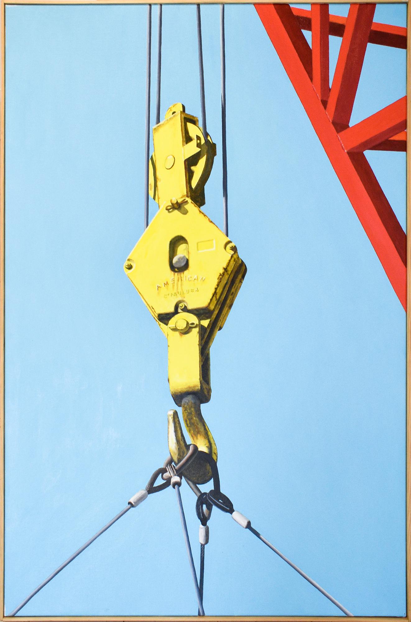Boatyard Lift (peinture à l'huile photoréaliste d'une grue rouge et jaune sur bleu) - Painting de Joseph E. Richards