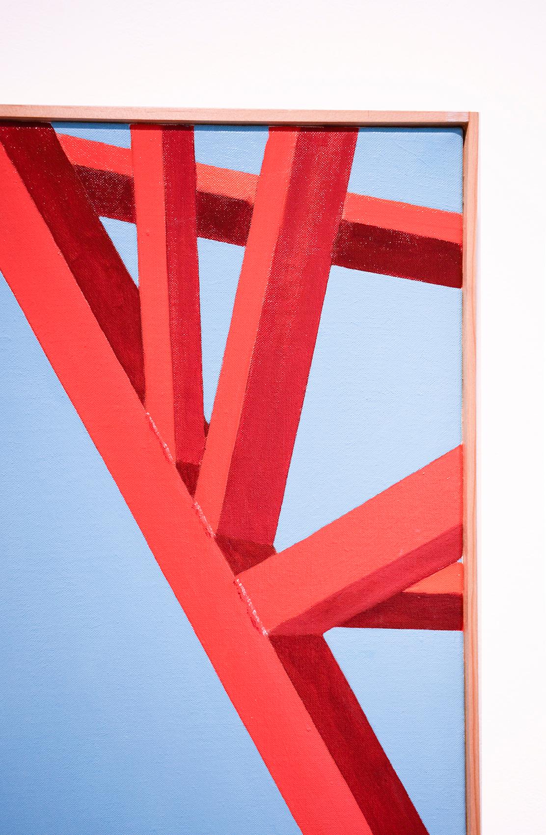 Boatyard Lift (fotorealistisches Ölgemälde eines roten und gelben Kranichs auf Blau) im Angebot 4