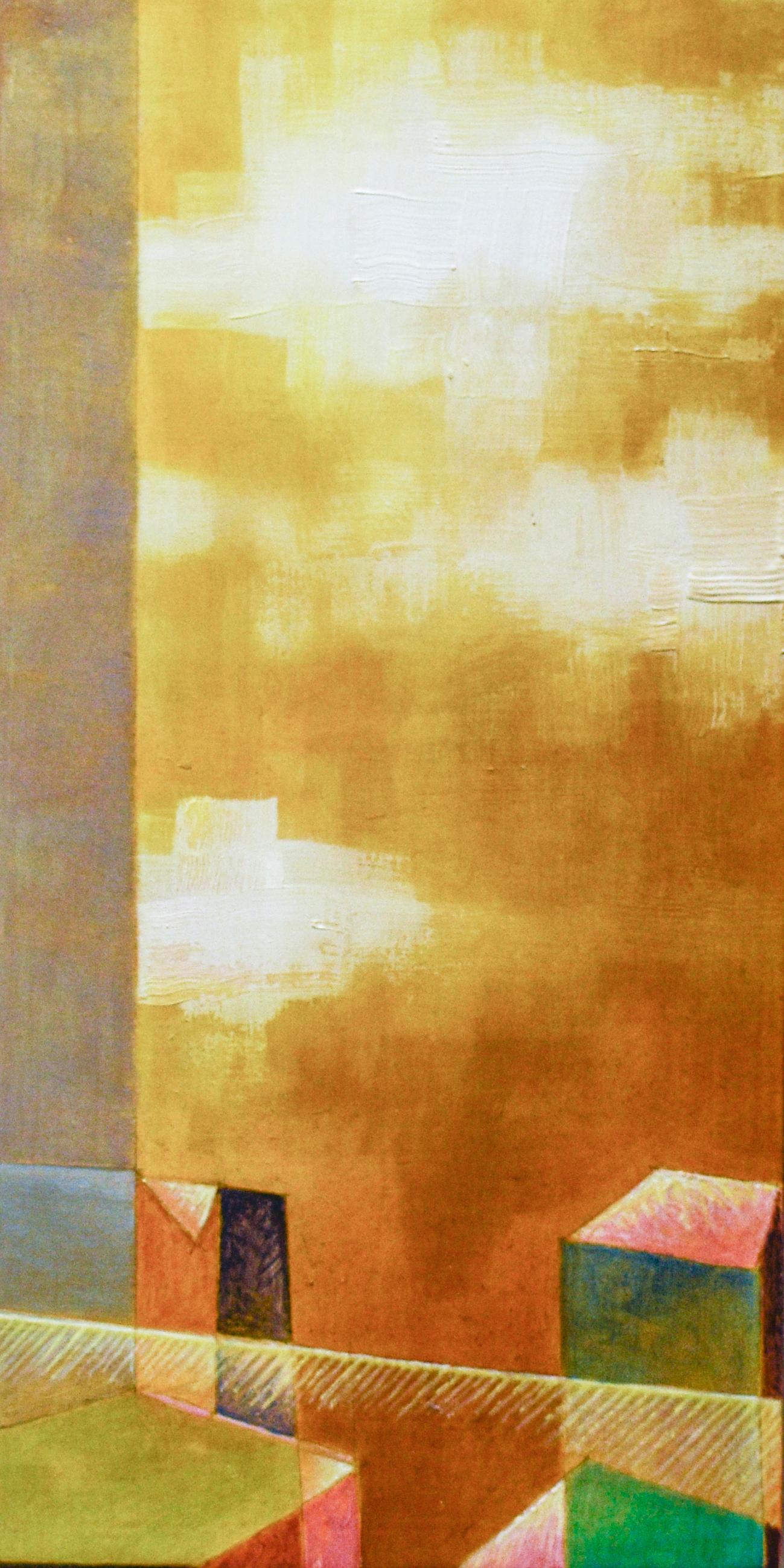 Ricardo Mulero  Landscape Painting - Summer in the City (Abstract Painting of New York City Skyline in Golden Yellow)