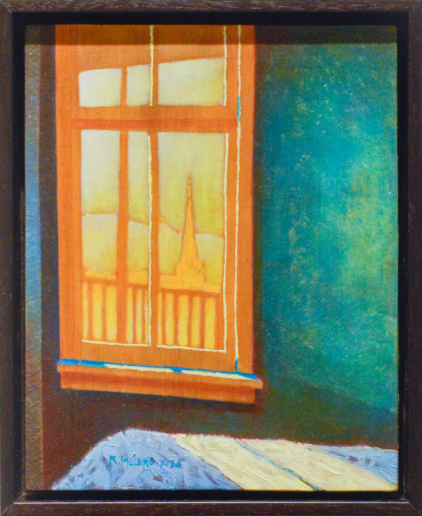 Ricardo Mulero  Landscape Painting - Afternoon Light: Abstracted Cityscape and Bedroom Interior in Orange 
Teal