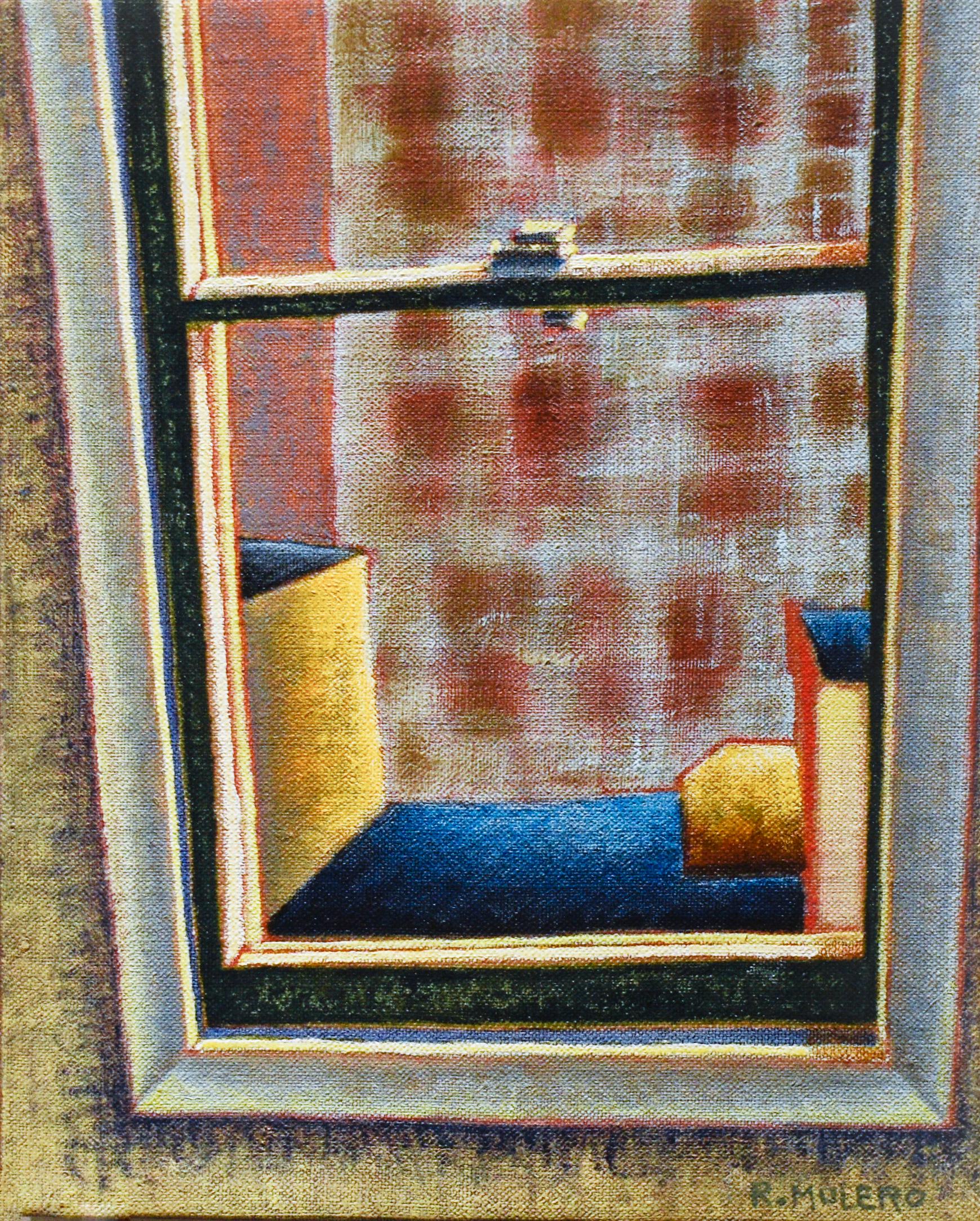 Ricardo Mulero  Still-Life Painting - Locked Window: Abstracted Interior Painting of the View from a City Window