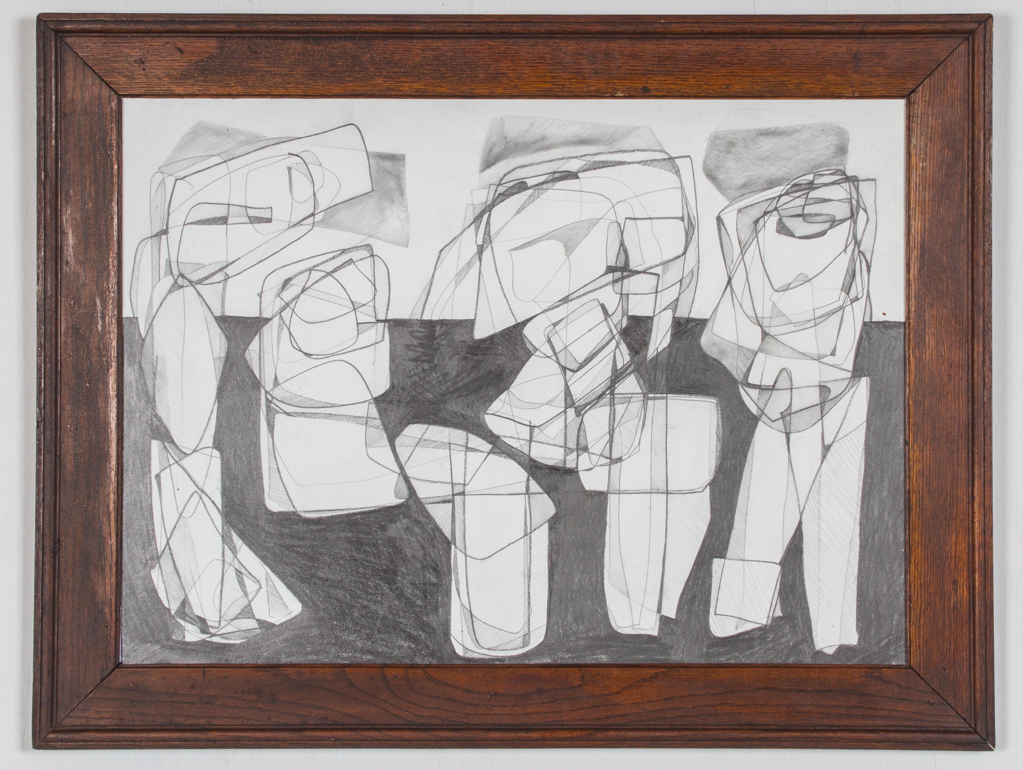 David Dew Bruner Abstract Drawing - Trio (Black & White Abstract Graphite Drawing in Contemporary Frame)