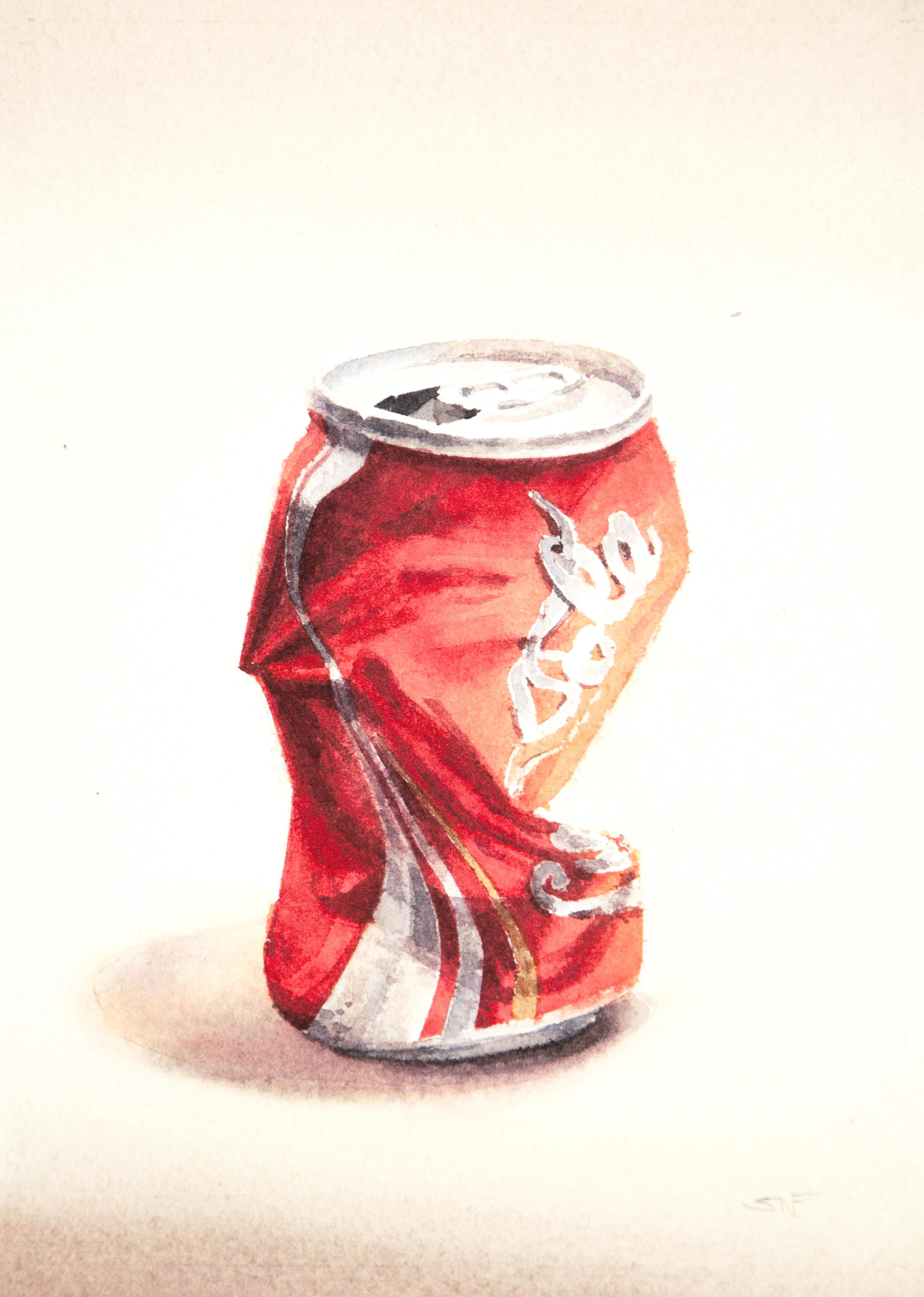 Coca Cola II (fotorealistisches Aquarell-Pop-Art-Gemälde einer zerkleinerten roten Sodadose)