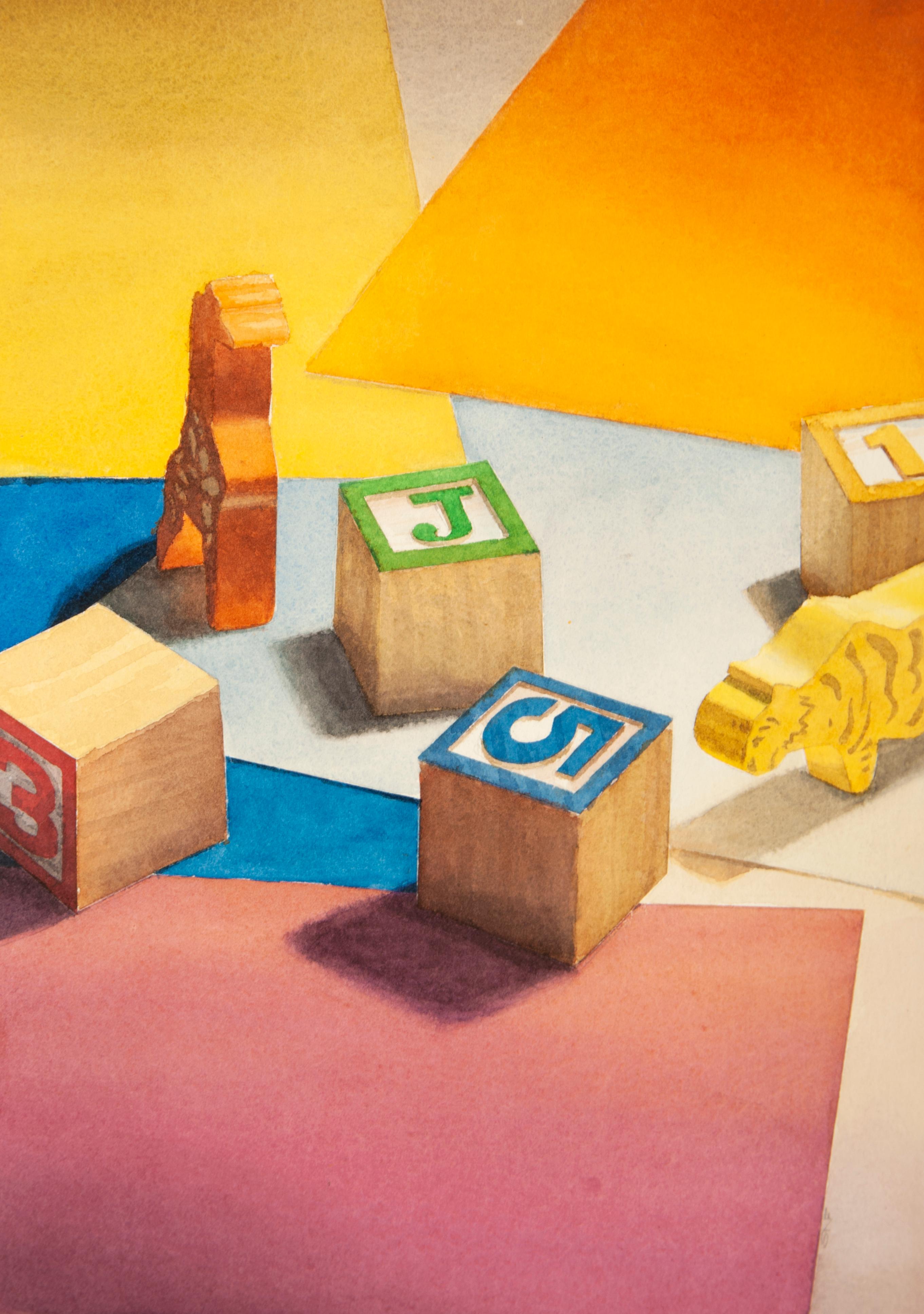 Scott Nelson Foster Still-Life Painting – Spielzeug (Fotorealistisches Aquarell- Pop-Art-Gemälde mit bunten Holz-Kinderblöcken)