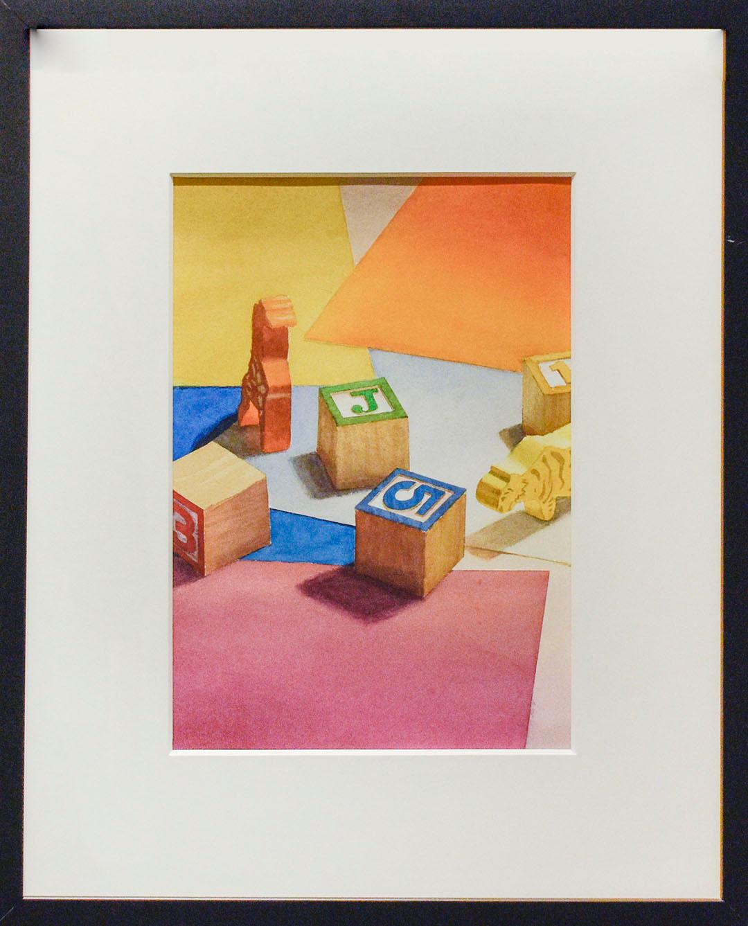 Spielzeug (Fotorealistisches Aquarell- Pop-Art-Gemälde mit bunten Holz-Kinderblöcken) – Painting von Scott Nelson Foster