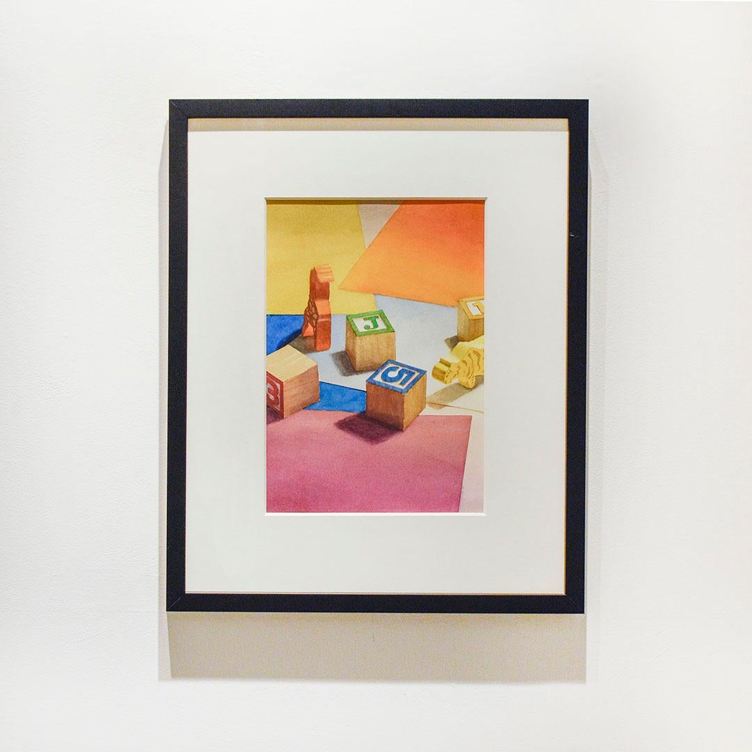 Spielzeug (Fotorealistisches Aquarell- Pop-Art-Gemälde mit bunten Holz-Kinderblöcken) (Orange), Still-Life Painting, von Scott Nelson Foster