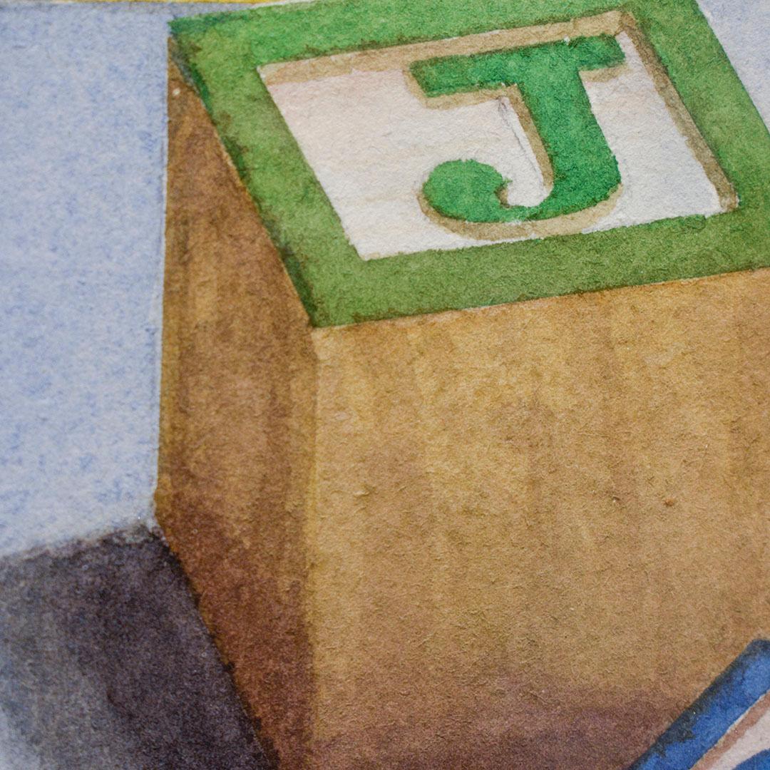 Spielzeug (Fotorealistisches Aquarell- Pop-Art-Gemälde mit bunten Holz-Kinderblöcken) 2
