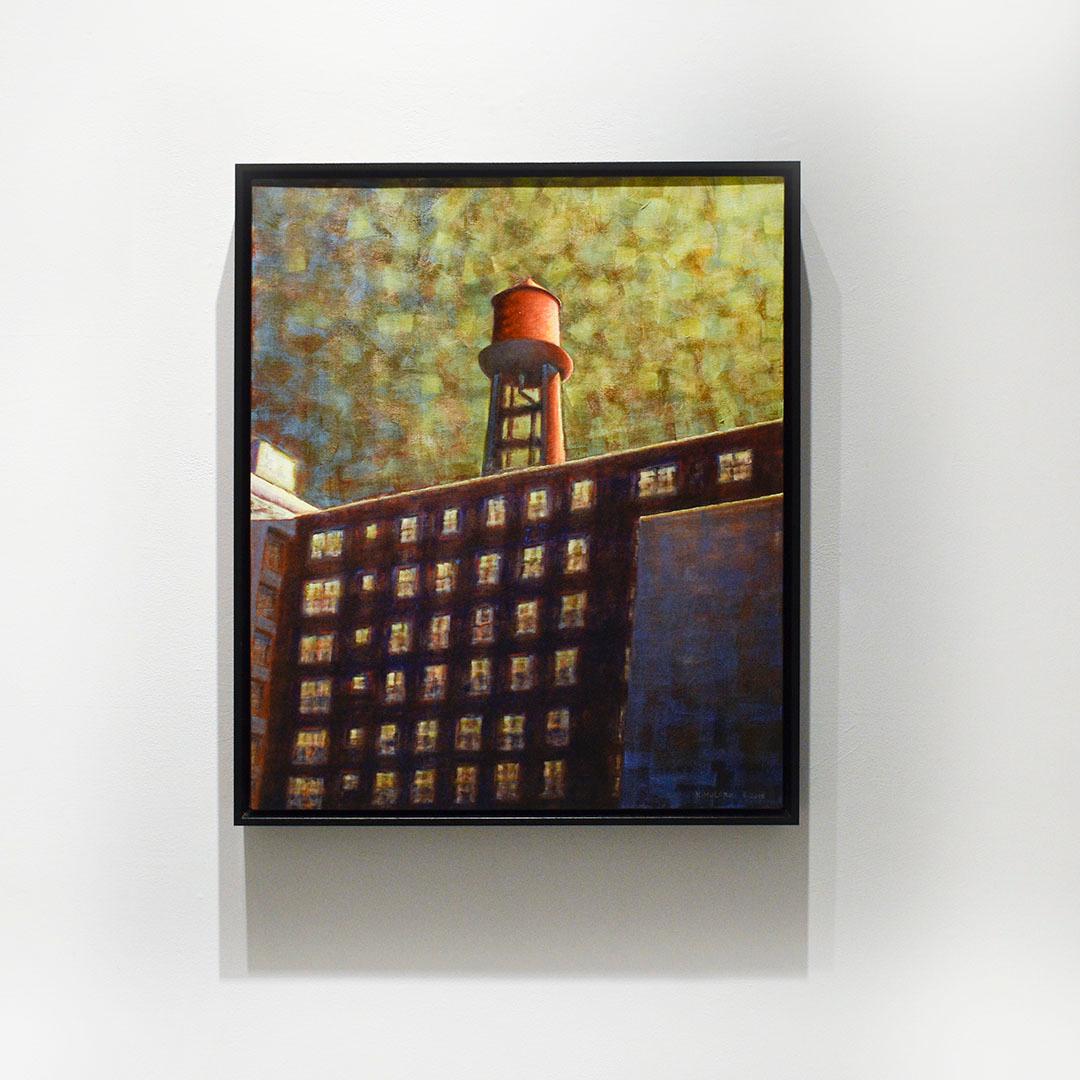 Tour de l'eau de Chelsea : Peinture de paysage urbain abstrait de la ligne d'horizon de la ville de New York - Painting de Ricardo Mulero 