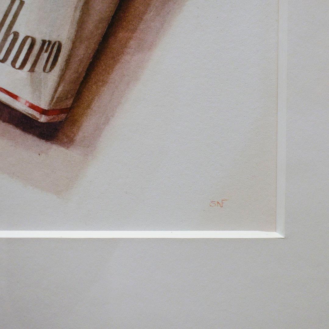 Marlboro III (Photo-Realist Pop Art Still Life Painting of a Red Cigarette Pack) - Gray Still-Life Painting by Scott Nelson Foster