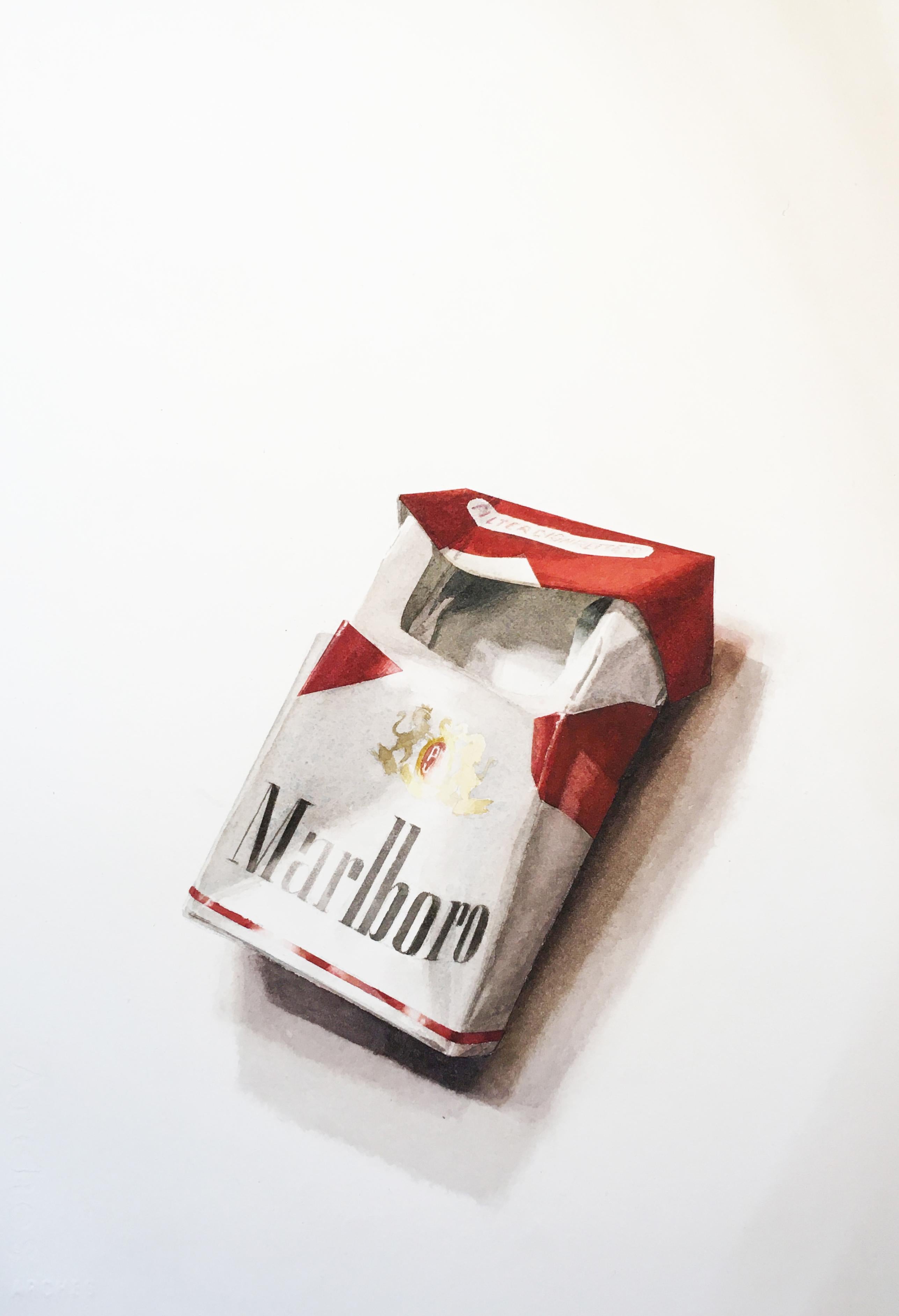 Scott Nelson Foster Still-Life Painting - Marlboro III (Photo-Realist Pop Art Still Life Painting of a Red Cigarette Pack)