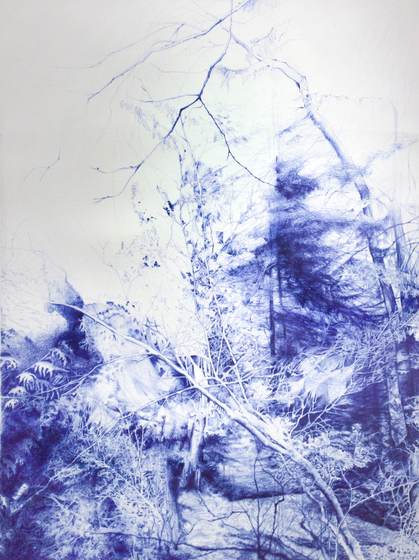 Linda Newman Boughton Figurative Art - The Unseen (Ballpoint pen landscape drawing on paper in Blue ink)